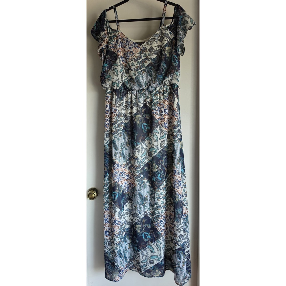 Luxology Women Size 10 Paisley Maxi Dress Multi Boho Short Sleeve Round Neck
